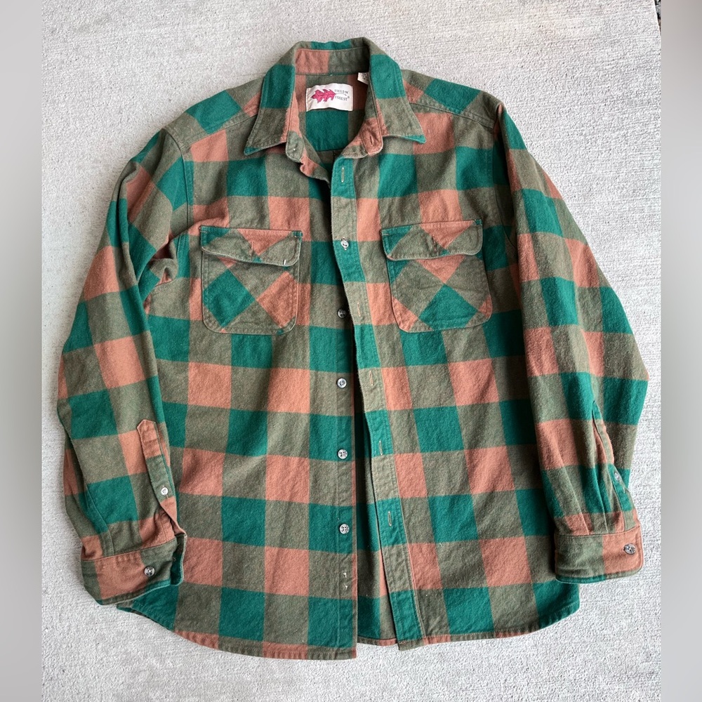 Vintage field n forest green brown orange flannel button down top